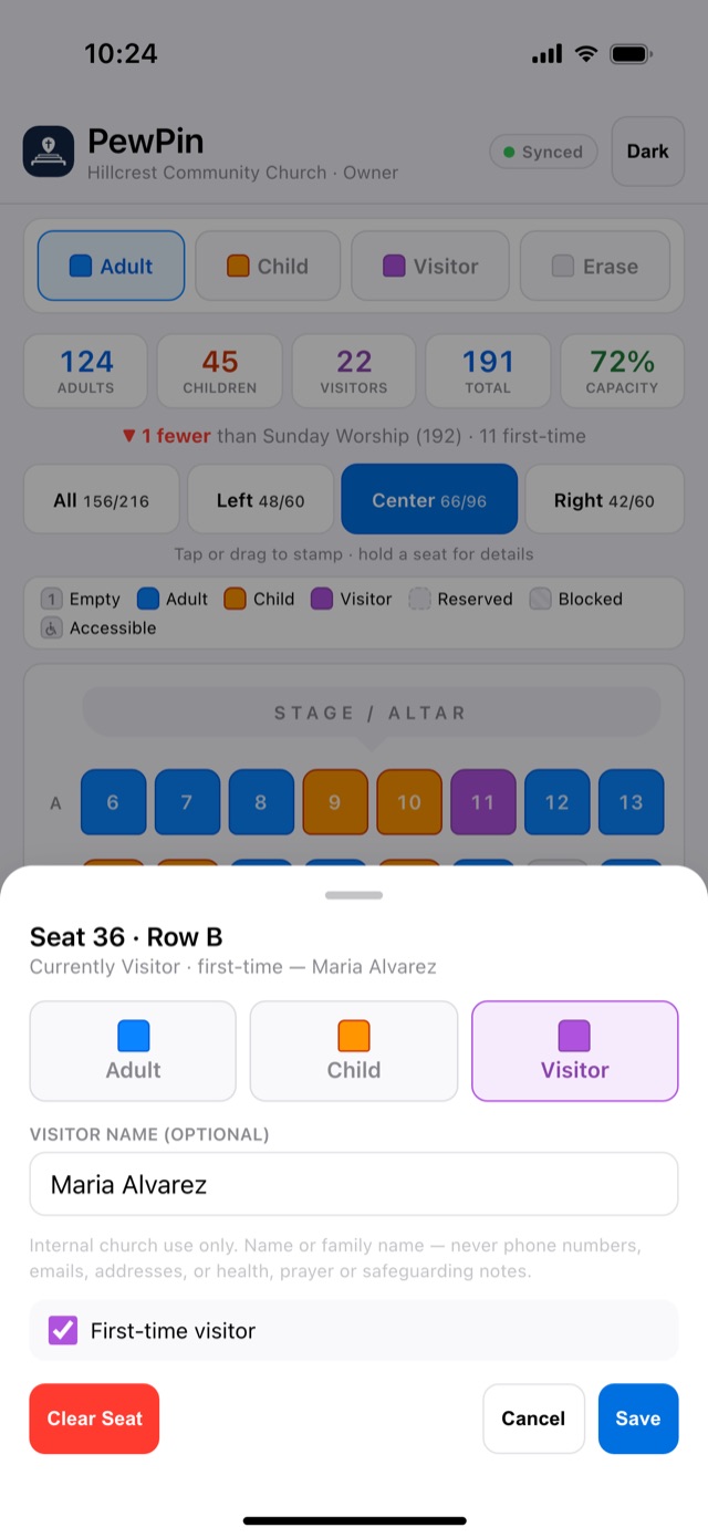 A seat opened for a first-time visitor, with an optional name